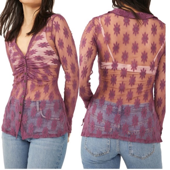 9. Live Boho NWT FREE PEOPLE Flower Fields Sheer Lace Blouse Boysenberry Large - Picture 1 of 10